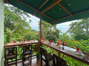 a dining room with a view of the forest at Casa Horizontes Corcovado in Drake