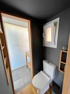 a small bathroom with a toilet and a cabinet at Corto in Lefkada