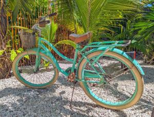 a blue bike is parked on the gravel at Xhule Hotel Boutique in Tulum