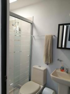 a bathroom with a shower and a toilet and a sink at Casa como nueva, cómoda y tranquila in Guadalajara