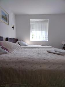 a white bedroom with two beds and a window at Studio apartman MIR in Kanjiža