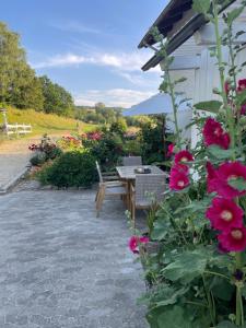 un patio con una mesa y algunas flores rosas en Luises Ferienglück en Vernawahlshausen