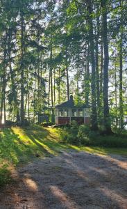 a house sitting in the middle of a forest at Lakeside Villa Lehtiniemi in Pirkkala