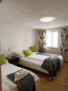 um quarto com 2 camas com almofadas verdes e uma janela em Cityhotel Junger Fuchs em Salzburgo