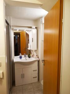 ein Bad mit einem Waschbecken und einem Spiegel in der Unterkunft Cityhotel Junger Fuchs in Salzburg