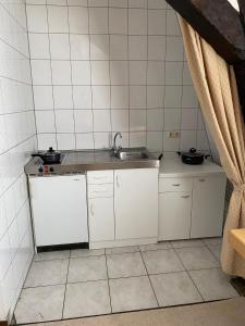 una pequeña cocina con fregadero y encimera en Nringrooms Hostel Adenau, en Adenau