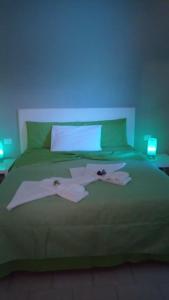 聖塔卡特林納迪納爾多的住宿－Villa Benny a Due passi dal mare，一张绿色大床,上面有蓝色的灯光