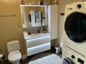 uma casa de banho com um lavatório e uma máquina de lavar roupa em Leilighet med 2 soverom em Rokland