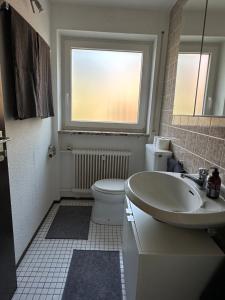 baño con lavabo y aseo y ventana en Apartment im Gründle, en Birkenfeld