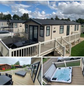 a house with a deck and a swimming pool at Hot tub breakaways with castle view in Lincolnshire