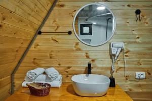 a bathroom with a sink and a mirror on a wooden wall at Panorama Dashbashi - Hotel in Dashbashi