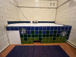 a bathroom with a green and blue tiled wall at H. Kloss Rooms in Łódź