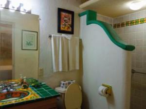 een badkamer met een wastafel, een toilet en een douche bij Casita Montana Hotel in Ajijic