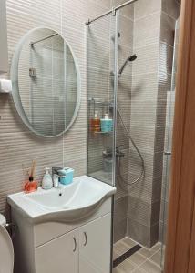 a bathroom with a shower and a sink and a mirror at Apartman Stasija in Tivat