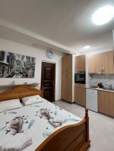 a bedroom with a large bed and a kitchen at Apartman Stasija in Tivat