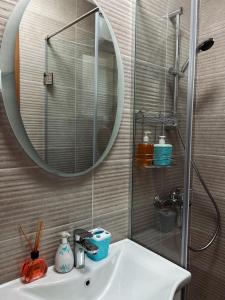 a bathroom with a sink with a mirror and a shower at Apartman Stasija in Tivat