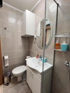 ティヴァトにあるApartman Stasijaの洗面台、トイレ、鏡のあるバスルーム