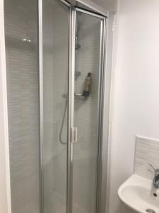 a shower with a glass door next to a sink at The Flat in Monmore Green