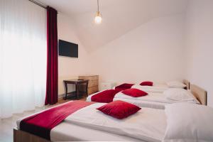 two beds in a bedroom with red pillows on them at Chalet 173 in Gura Humorului