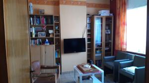 sala de estar con sofá, TV y estanterías de libros en Feel at home in Leuven, en Lovaina