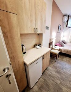 a small kitchen with a counter and a room with a bed at Art Blue Apartments in Ohrid
