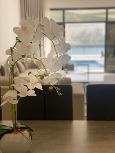 a vase filled with white flowers on a table at The Pearl Villa 5 bedrooms with pool Sea and Mountain View in Fujairah