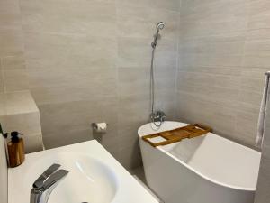 a bathroom with a toilet and a sink and a tub at Lizz Panoramic Residence in Floreşti