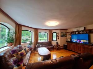 sala de estar con muebles de cuero y TV de pantalla plana en Villa Janet en Dolna Banya