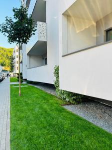 a green lawn next to a white building at Lizz Panoramic Residence in Floreşti