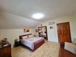 1 dormitorio con 1 cama grande y suelo de madera en Villa Janet, en Dolna Banya