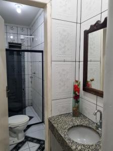 La salle de bains est pourvue de toilettes, d'un lavabo et d'un miroir. dans l'établissement Casa de Charles, à Piranhas