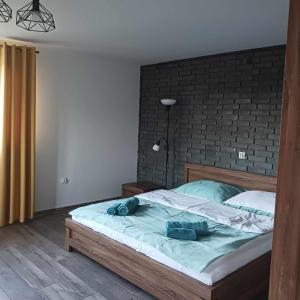 ein Schlafzimmer mit einem großen Bett mit blauer Bettwäsche in der Unterkunft Apartament Rabinówka in Maruszyna