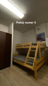 a room with a wooden bunk bed with a ladder at Village Hel Helska 11- ośrodek wśród sosen in Hel