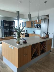 uma cozinha com uma grande ilha no meio em Unik udsigt og beliggenhed em Aarhus