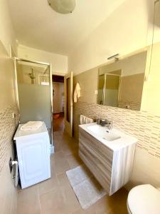 een badkamer met een wastafel, een toilet en een spiegel bij IL DANDY appartamento con parcheggio in Trieste