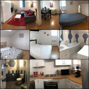 un collage de fotos de una sala de estar y un dormitorio en appart 3 chambres 76m2 centre historique en Bayona