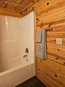 a bathroom with a bath tub and a wooden wall at Grandpa's Cabin in Apple Valley