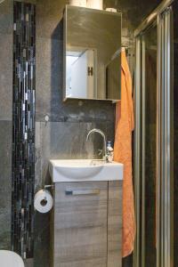 y baño con lavabo, espejo y ducha. en BnB Comfort Guesthouse Olten - Lostorf en Lostorf