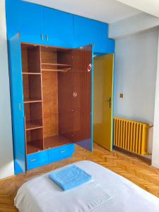 1 dormitorio con armario azul y cama en Alexia, en Skopje