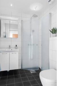 W łazience znajduje się prysznic, umywalka i toaleta. w obiekcie Spacious 4 bedroom with garden - Central location w Göteborgu