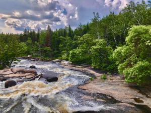 a river with rapids and rocks in a forest at Betula Lake Resort in Seven Sister Falls