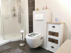 a white bathroom with a toilet and a shower at Ferienwohnung Am Bergmannsbrunnen in Schönheide +50 photos