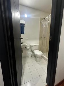une salle de bain avec toilettes, douche et lavabo dans l'établissement Hotel Artistico, à Bogotá 41 autres photos