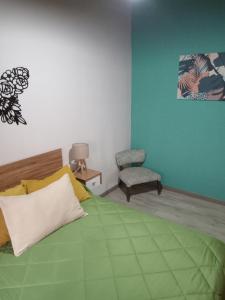 Un dormitorio con una cama verde y una silla en Casa pura vida en General Roca