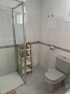 ein Bad mit einem WC und einer Dusche in der Unterkunft Apartamento Vista-Beach in Cádiz