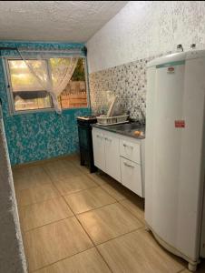 帕爾克德爾普拉塔的住宿－Casa as palmas，一间带水槽和冰箱的小厨房