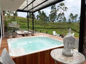a swimming pool with a statue sitting on a deck at Aguas Claras Luxuty Full House Filandia in Las Cruces