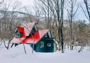 a house with a red roof in the snow at Piccolo House in Hakuba