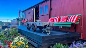 a bird standing next to a bench on a train car at Hapuku Carriages Kaikōura in Kaikoura +4 photos