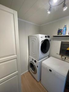 een wasruimte met een wasmachine en een magnetron bij Cosy-Cottage in Hechtel-Eksel